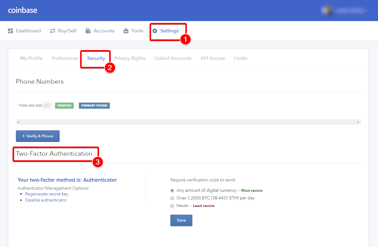 coinbase security settings